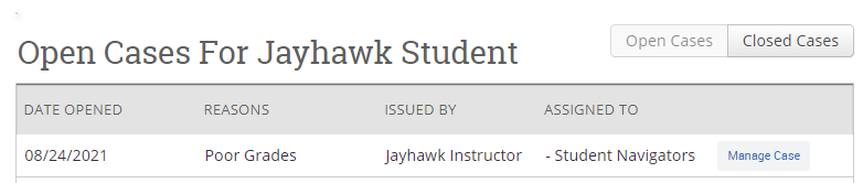 Open cases for Jayhawk Student - includes Date Opened, Reason, Issuer, Assignee, and Manage Case button