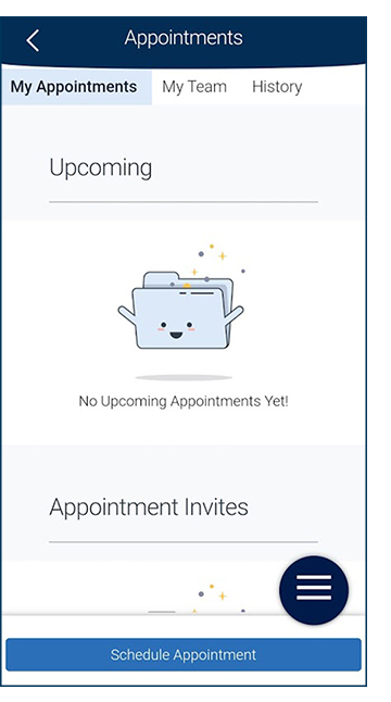 Navigate App Appointments page with no list of upcoming scheduled appointments, schedule appointment button at the bottom