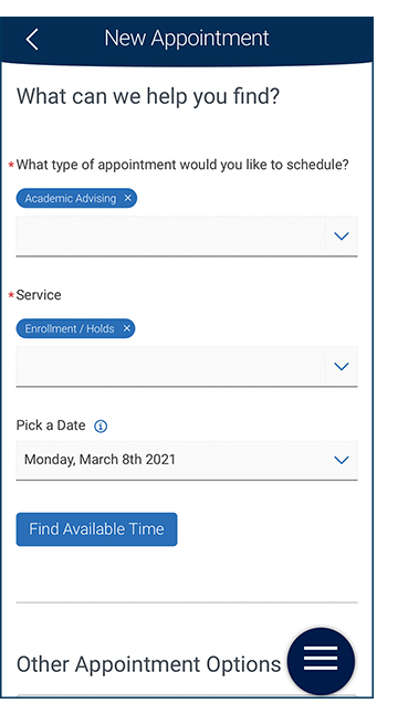 Navigate App appointment filters - type of appointment, service (appointment reason), date, and Find Available Time button