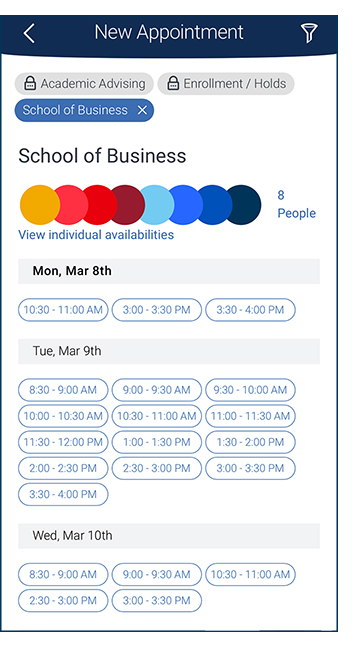 Available times and dates for scheduling an appointment in the Navigate Student App. Once the date is selected, available times appear.