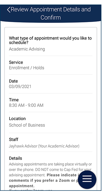Confirmation review page in Navigate Student App includes appointment times, location, advisor, and any space to provide additional details provided. Option to select email as reminder method selected in example. Confirm Appointment button is at the bottom.