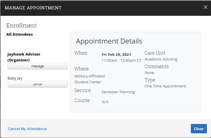 Manage appointment details. Includes Cancel My Attendance link in the bottom left.