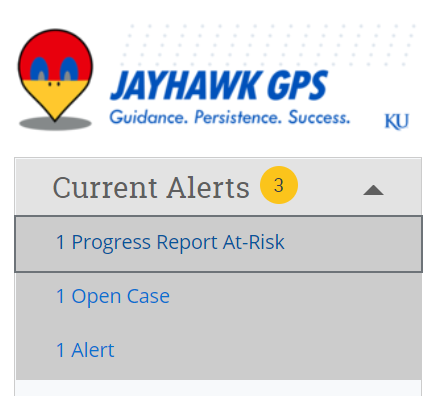 Advisors can view the student alerts notification drop down on Jayhawk GPS web platform in the upper right of the homepage