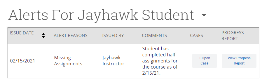 Alerts for Student Name - list of alerts and includes issue date, reason, issuer, comments, cases, and progress reports for each student