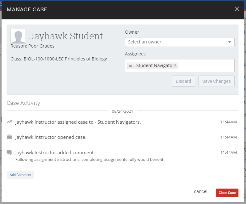 Manage Cases details - case owner, assignees, student name, reason, date of case opening, comments, and close case button 