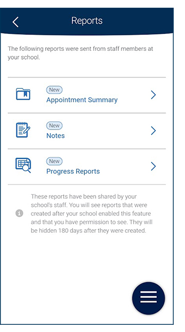 Reports page in Navigate Student App - shows appointment summaries, notes, and progress reports