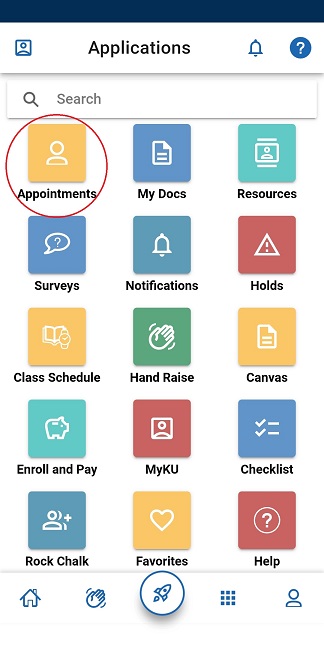 Jayhawk GPS App menu with fifteen options. A red circle is around the Appointments option.