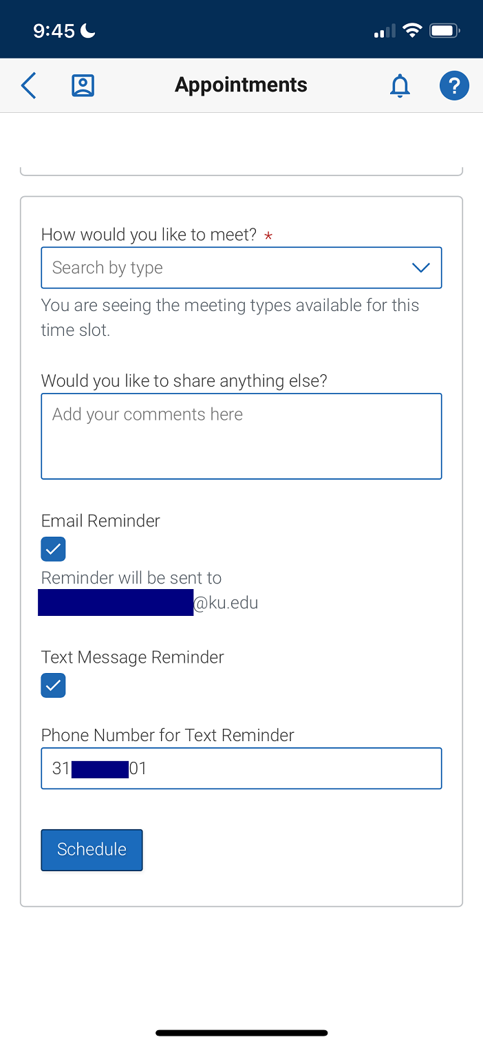 Appointment scheduling form choosing how to meet, how to be reminded of the appointment, and any additional comments to include.