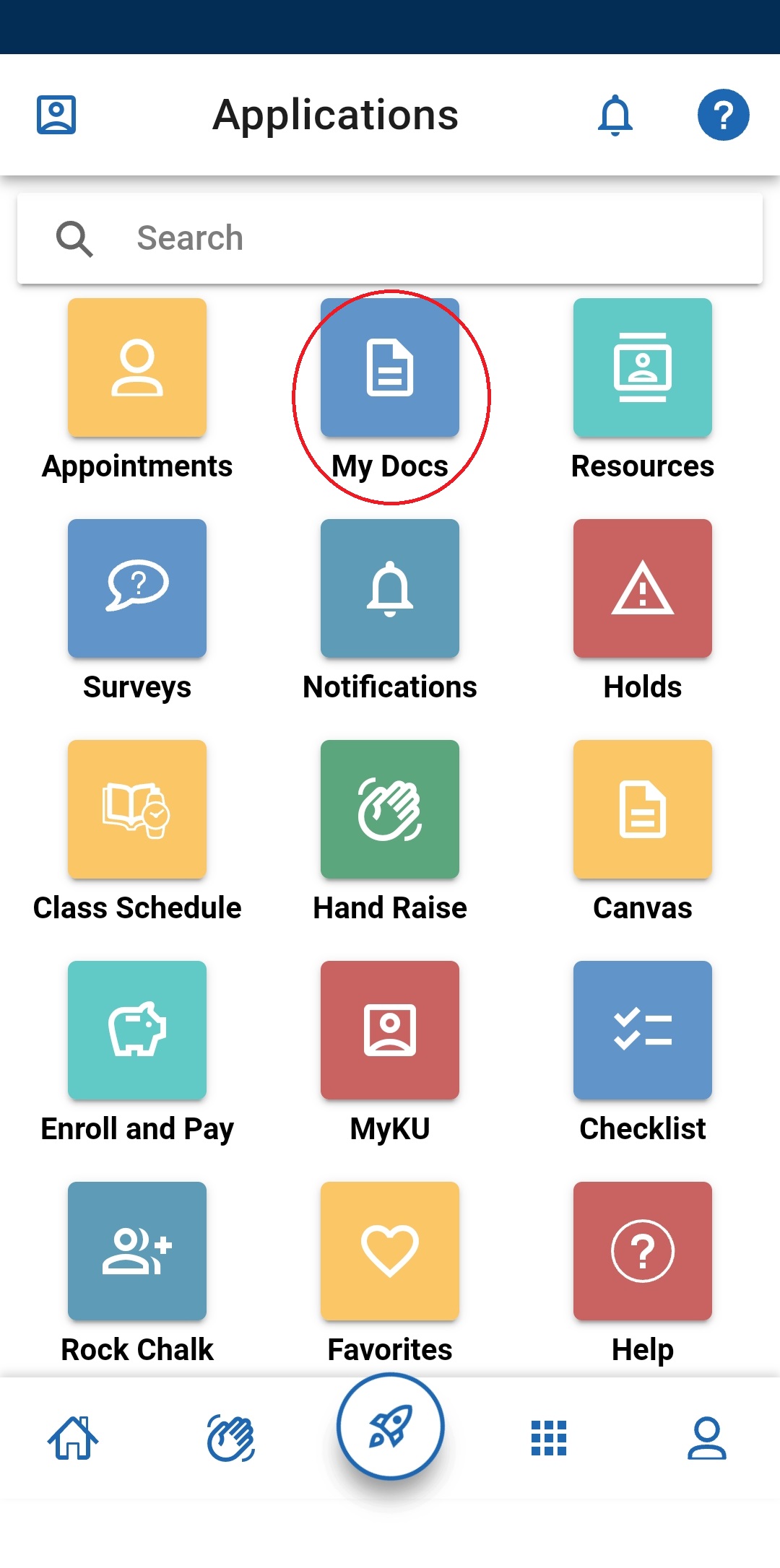 Jayhawk GPS App menu with fifteen options. A red circle is around the My Docs option.