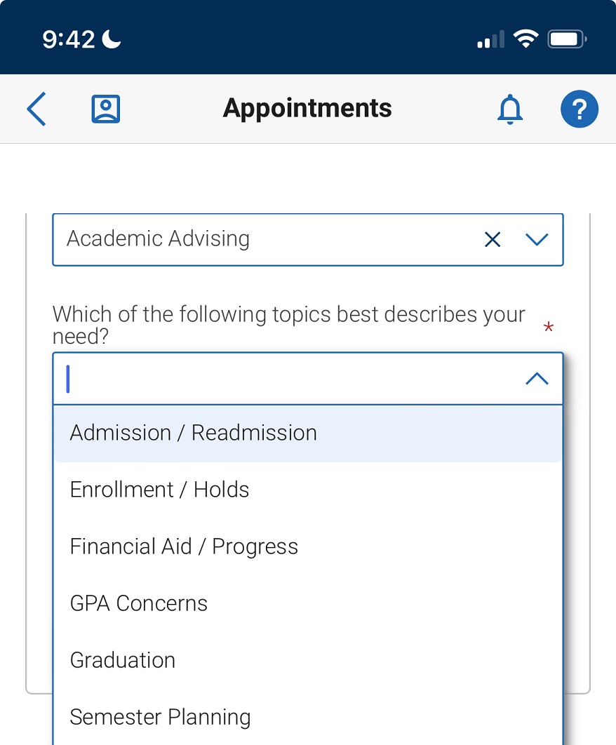 A dropdown menu with options for Academic Advising appointments. 