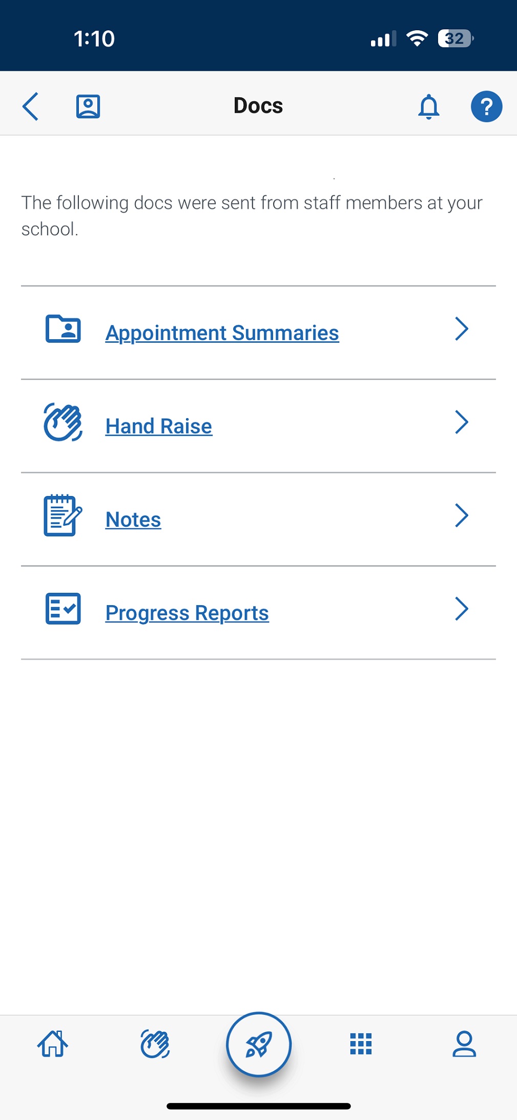 Buttons to take you to view Appointment Summaries, notes, progress reports, or hand raises.