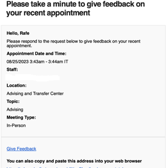 Email screenshot including details such as appointment date and time, staff name, location of meeting, topic or service completed and the meeting type.