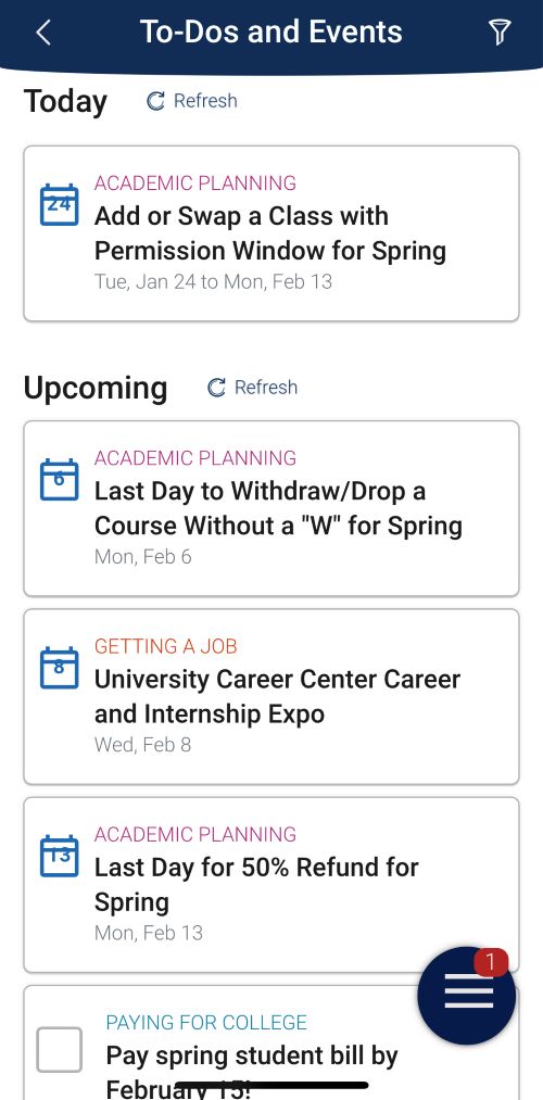 screenshot of to-dos and events in navigate app